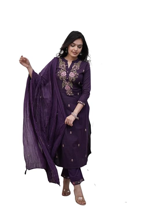 Crafty cactus Women's Cotton embroidery work kurta pant with mulmul dupatta set