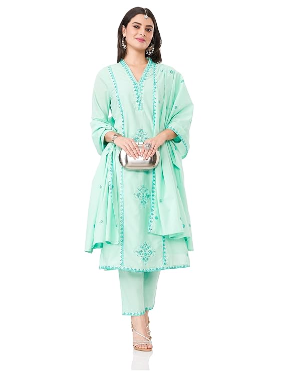 Amazon Brand - Myx Women's Embroidered Cotton Kurta Pant Set with Dupatta